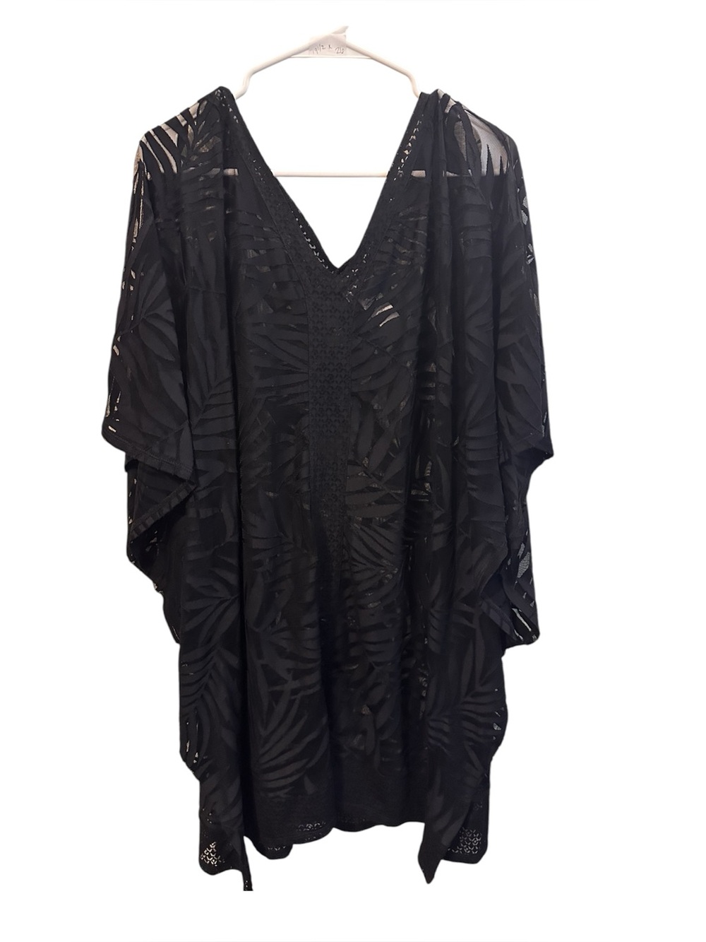 Dotti Black Sheer Leaf-Pattern Swim Cover-Up Kaftan. EUC
